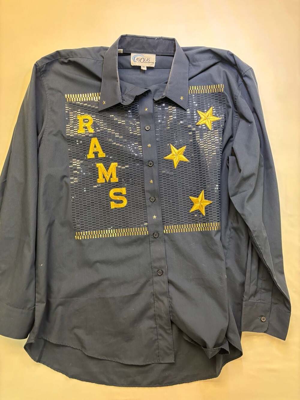 Long Sleeve Button-Down Shirt Black with Gold RAMS Letters and Stars Size XL
